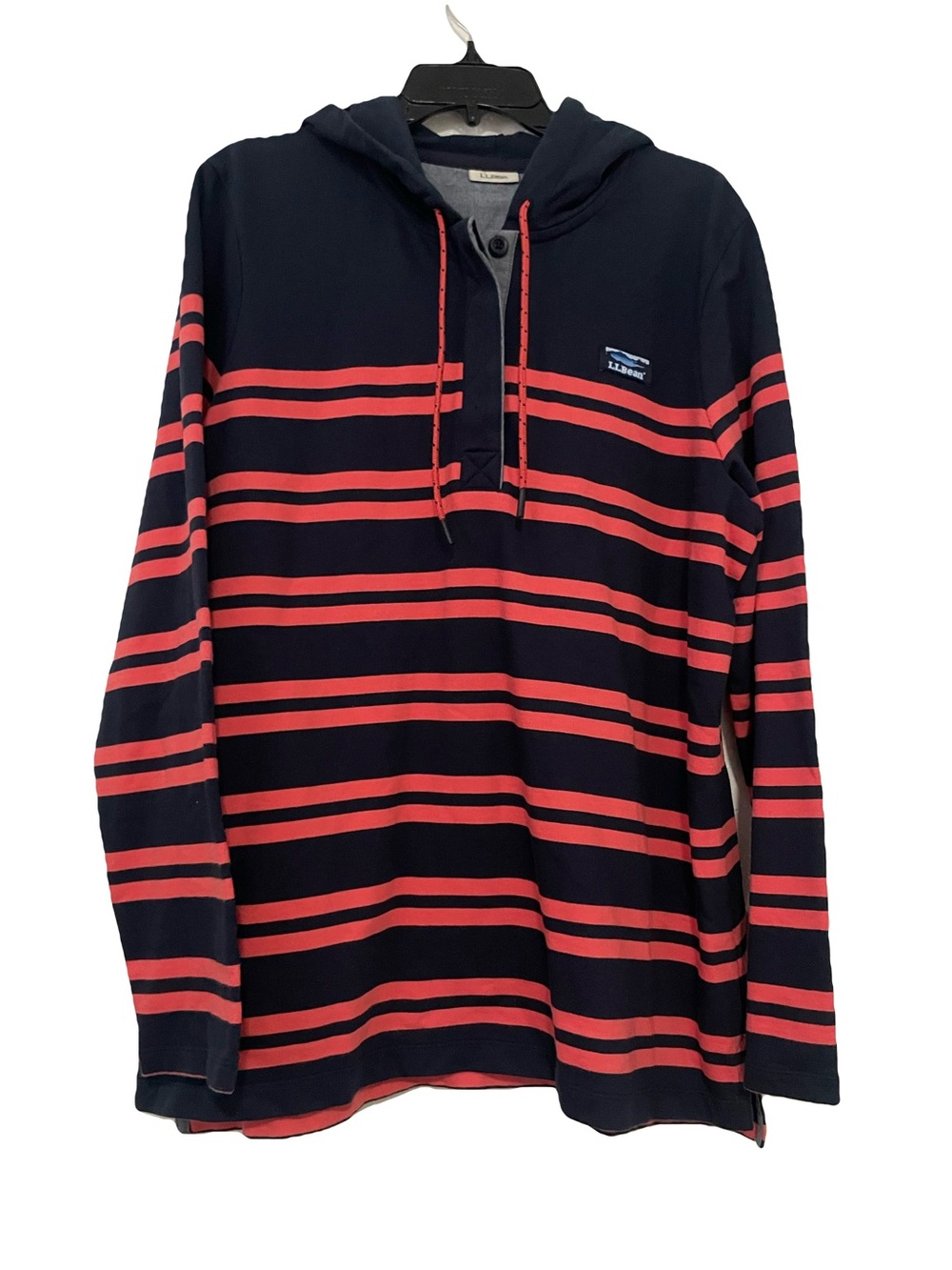 L.L. Bean Navy and Red Striped Hooded Pullover